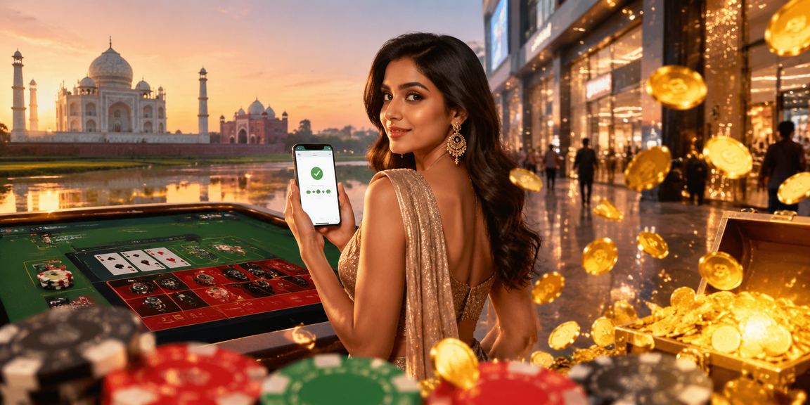 Indian player viewing FAQ on mobile device near Taj Mahal