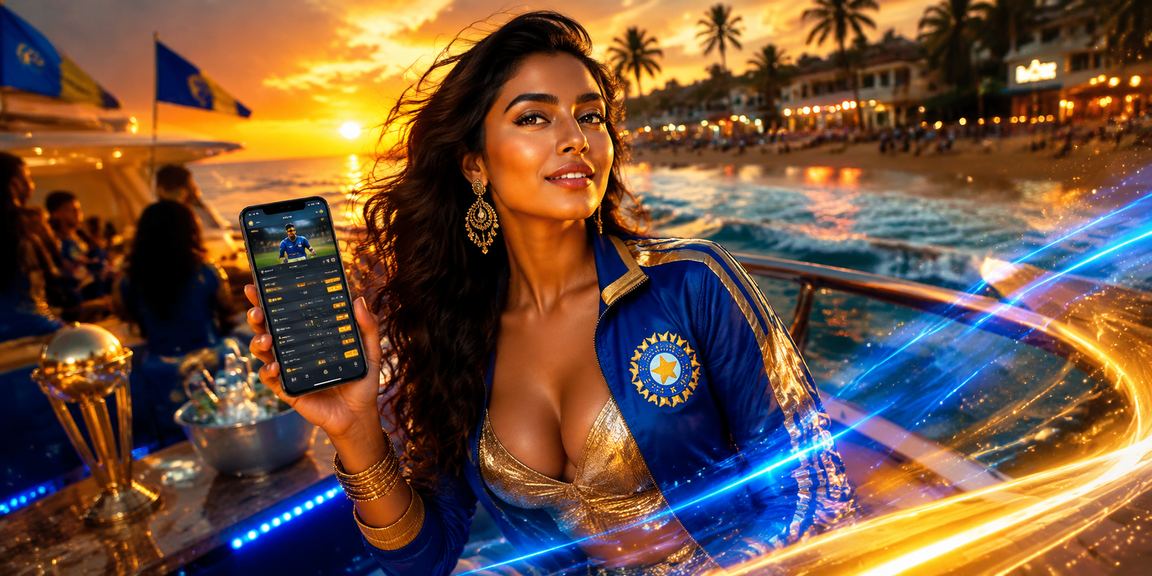 Goa beach scene with players enjoying cricket betting and Aviator gameplay on mobile devices